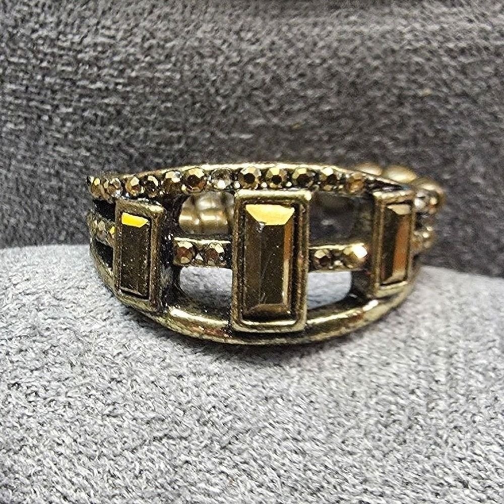 New Statement Stretch Band Ring Brass Smoky Topaz Color Rhinestones Multibar